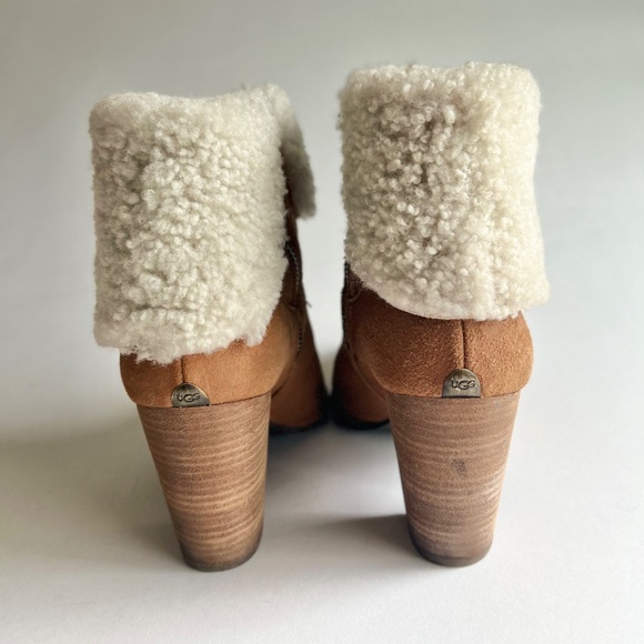 UGG Tan Suede Genuine Sheepskin Leather Heeled Ankle Boots size 10 - Picture 7 of 16